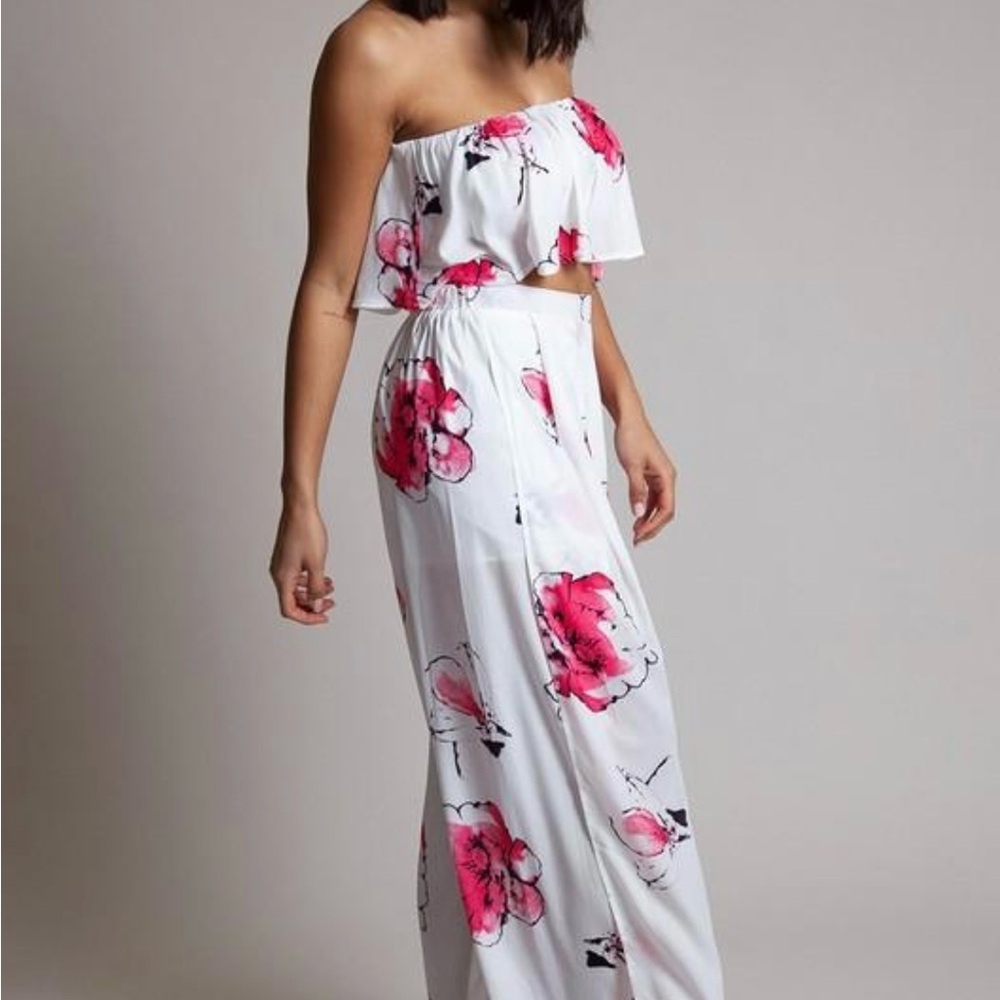 Floral White and Pink Two-Piece Maxi Skirt Set - Picture 3 of 3
